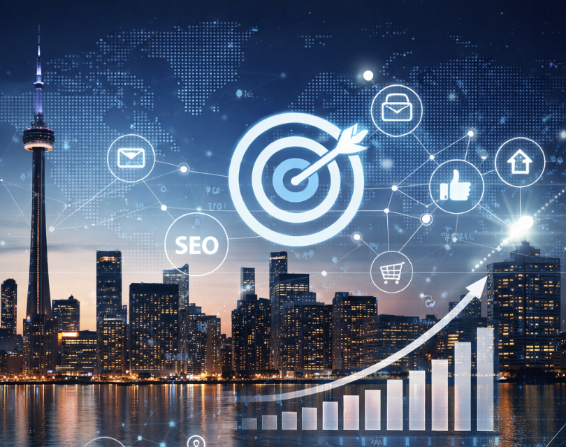 Toronto skyline with digital marketing concept